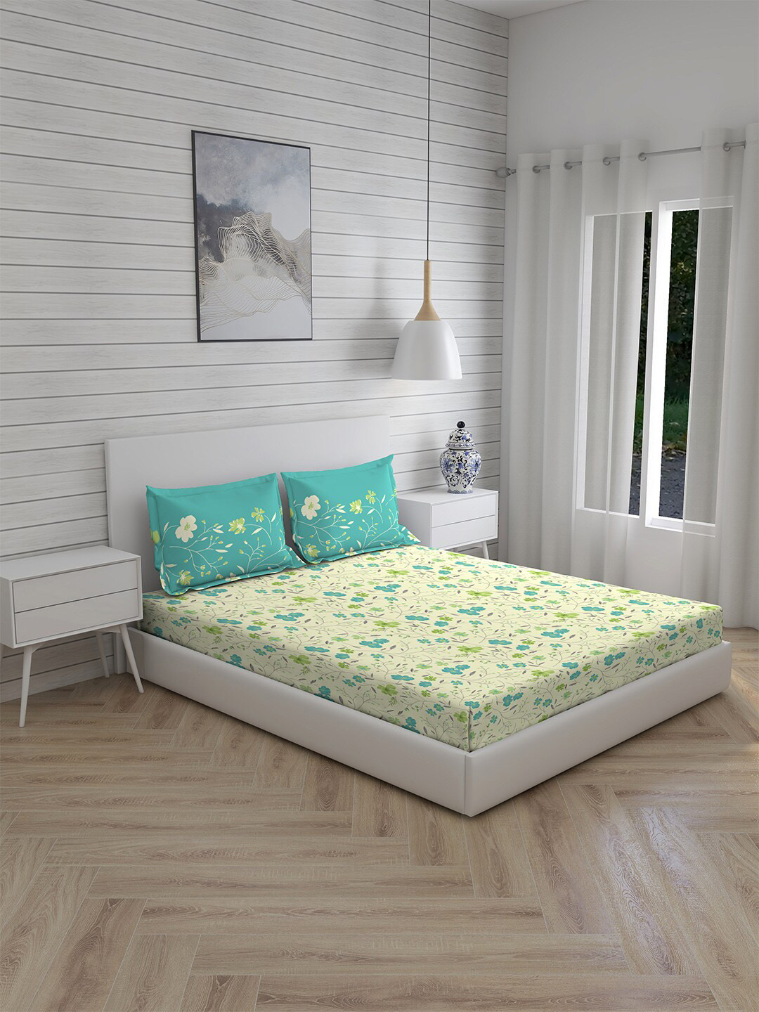 

Layers Green & Yellow Floral 104 TC Pure Cotton Trevi Queen Bedsheet with 2 Pillow Covers