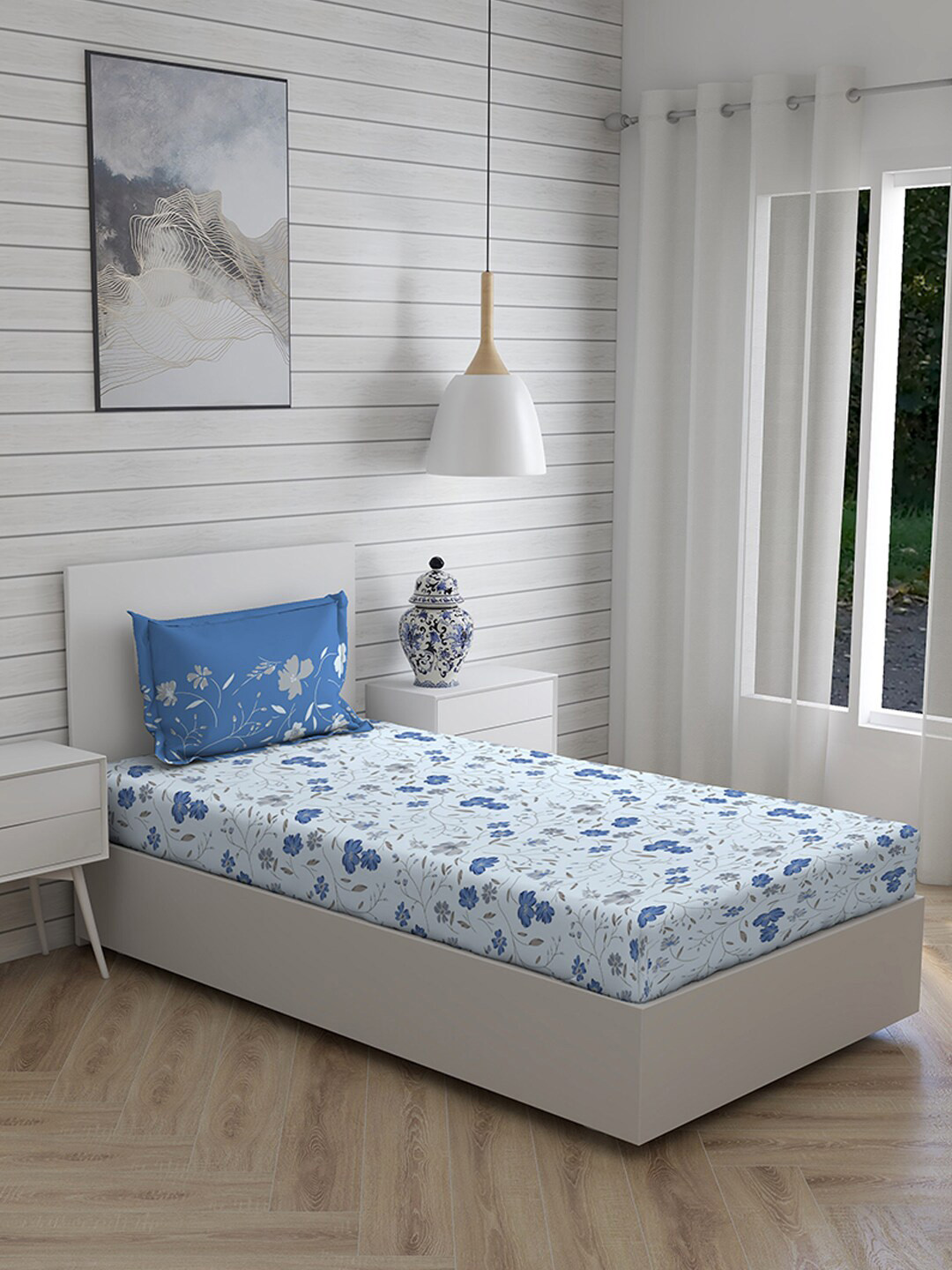 

Layers Blue & Grey Floral 104 TC Single Bedsheet with 1 Pillow Covers