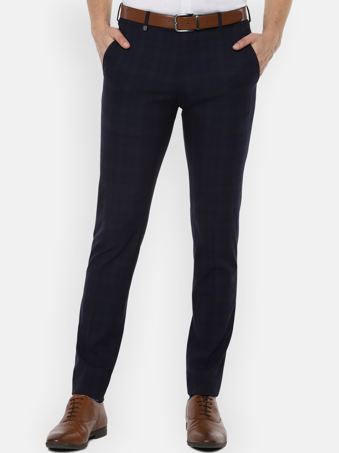 

Van Heusen Men Navy Blue Checked Slim Fit Formal Trousers