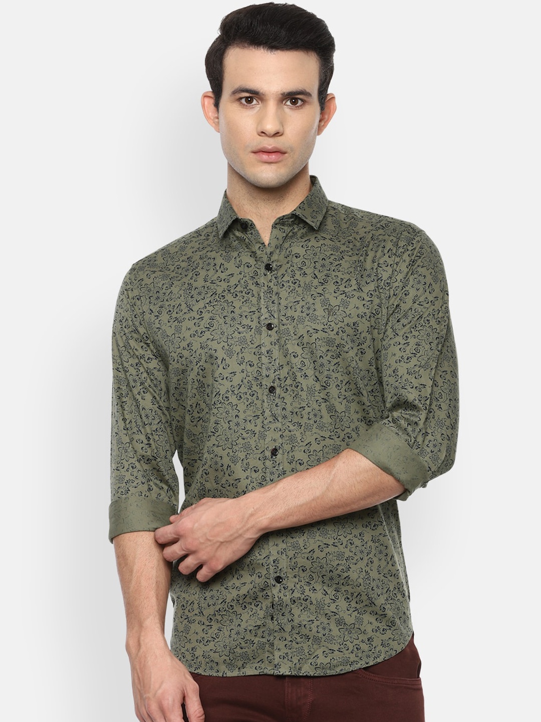 

V Dot Men Olive Green Slim Fit Floral Opaque Printed Casual Shirt