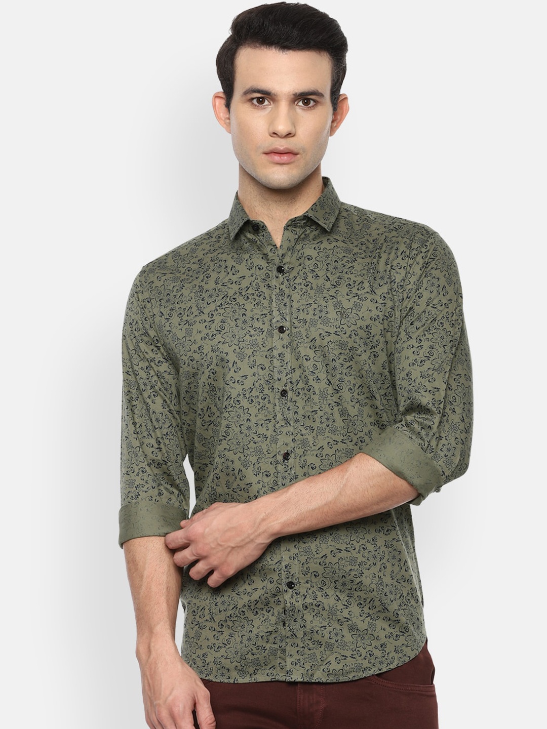 

V Dot Men Olive Green Slim Fit Floral Opaque Printed Casual Shirt