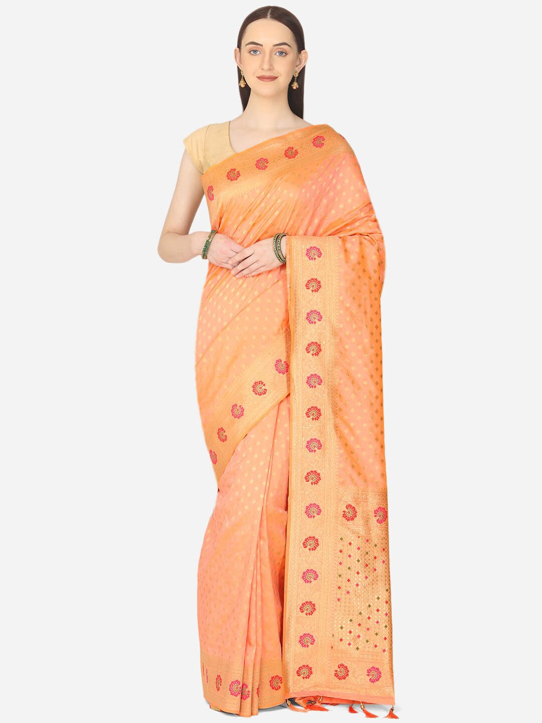 

BOMBAY SELECTIONS Peach-Coloured & Red Floral Zari Art Silk Banarasi Saree