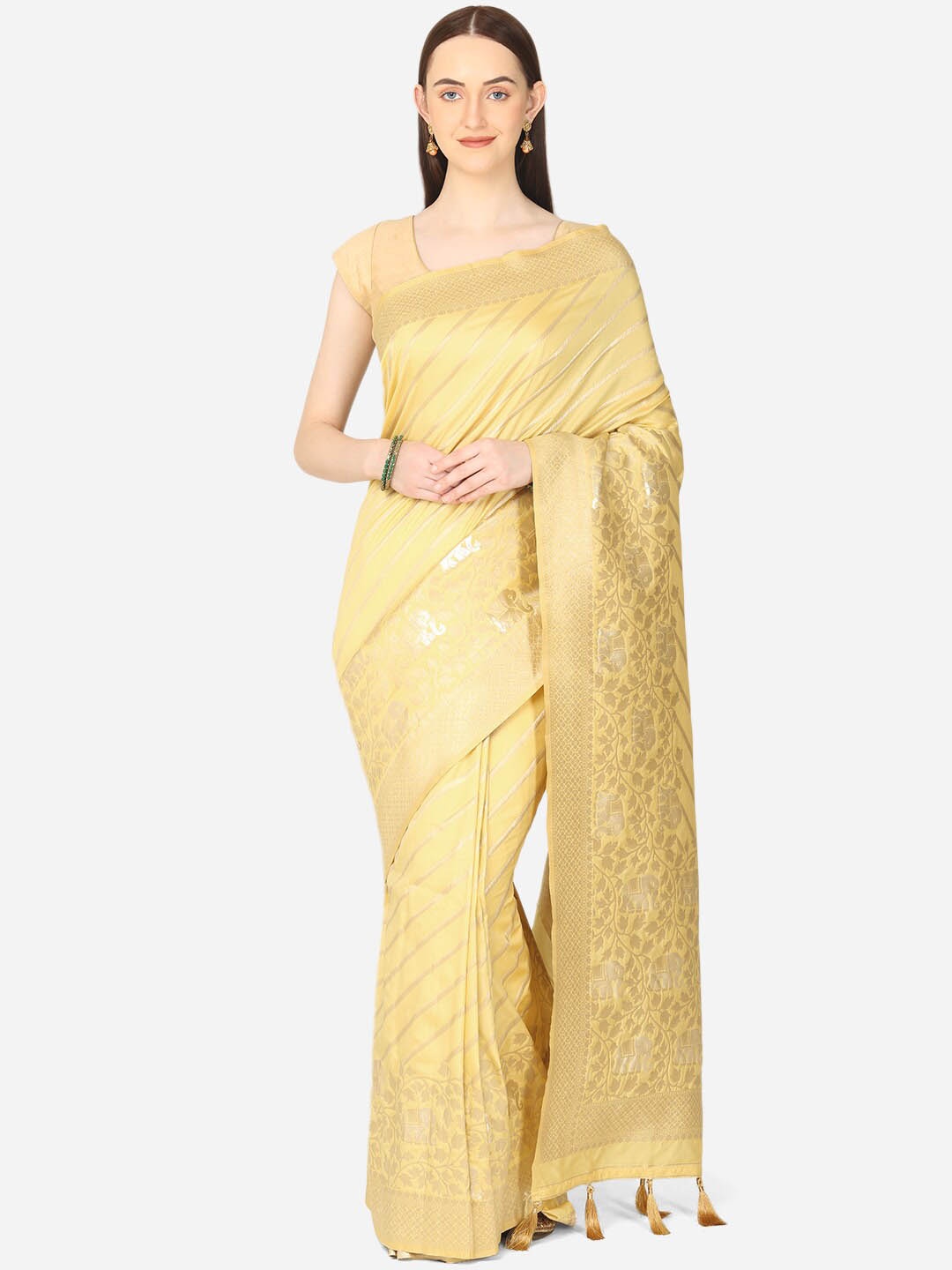 

BOMBAY SELECTIONS Yellow & Gold-Toned Striped Art Silk Banarasi Saree