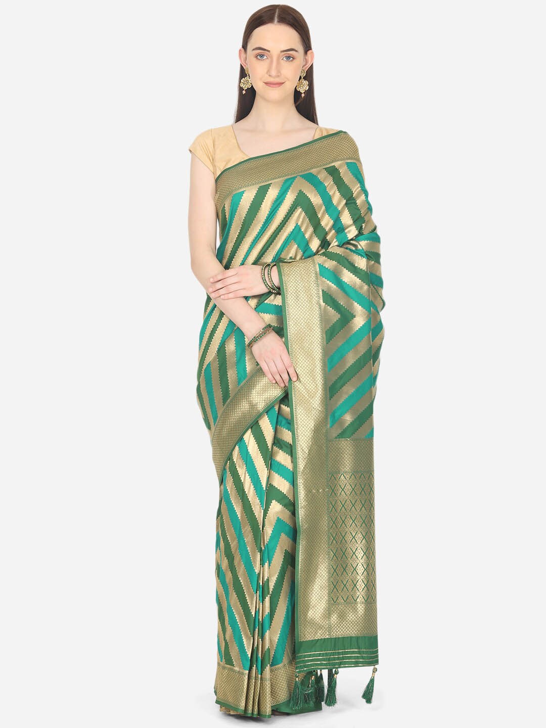 

BOMBAY SELECTIONS Green & Gold-Coloured Striped Zari Art Silk Banarasi Saree