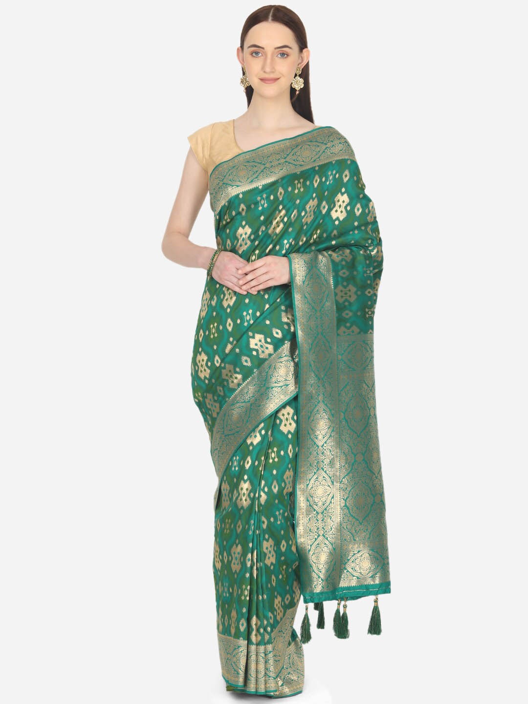 

BOMBAY SELECTIONS Green & Gold-Toned Ethnic Motifs Zari Art Silk Banarasi Saree