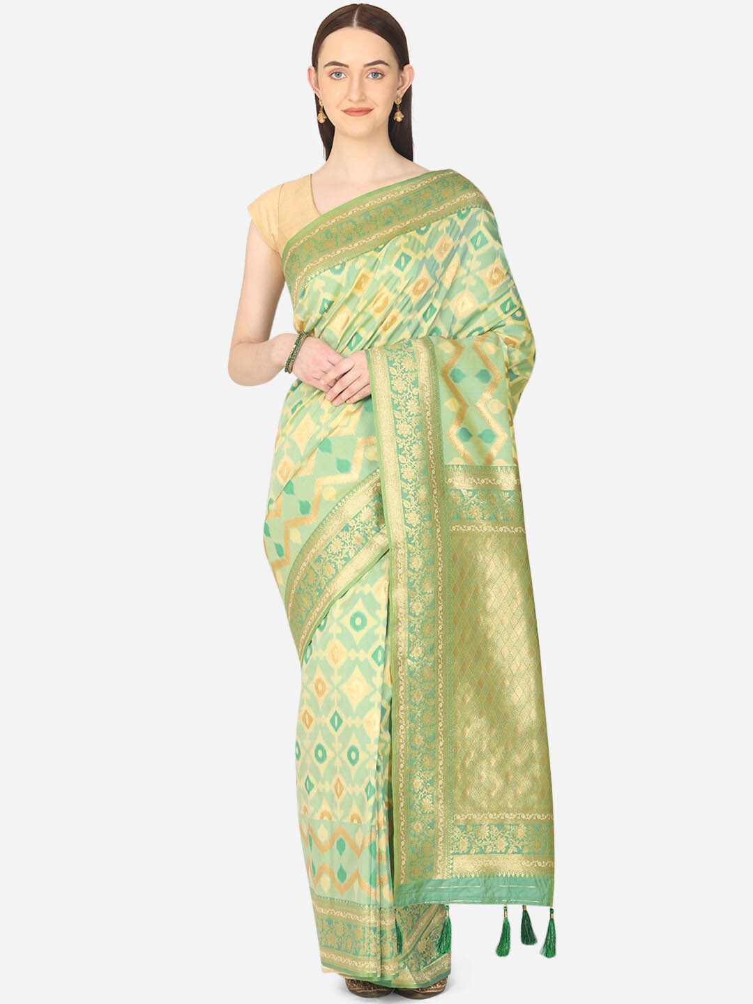 

BOMBAY SELECTIONS Green & Gold-Toned Woven Design Zari Art Silk Banarasi Saree