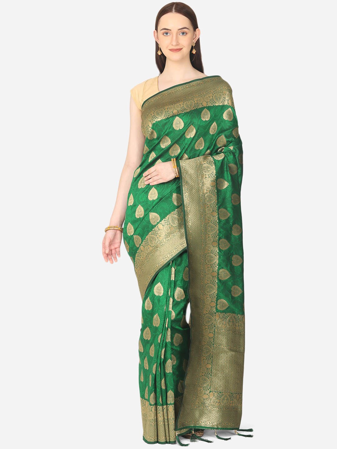 

BOMBAY SELECTIONS Green & Gold-Toned Ethnic Motifs Zari Art Silk Banarasi Saree