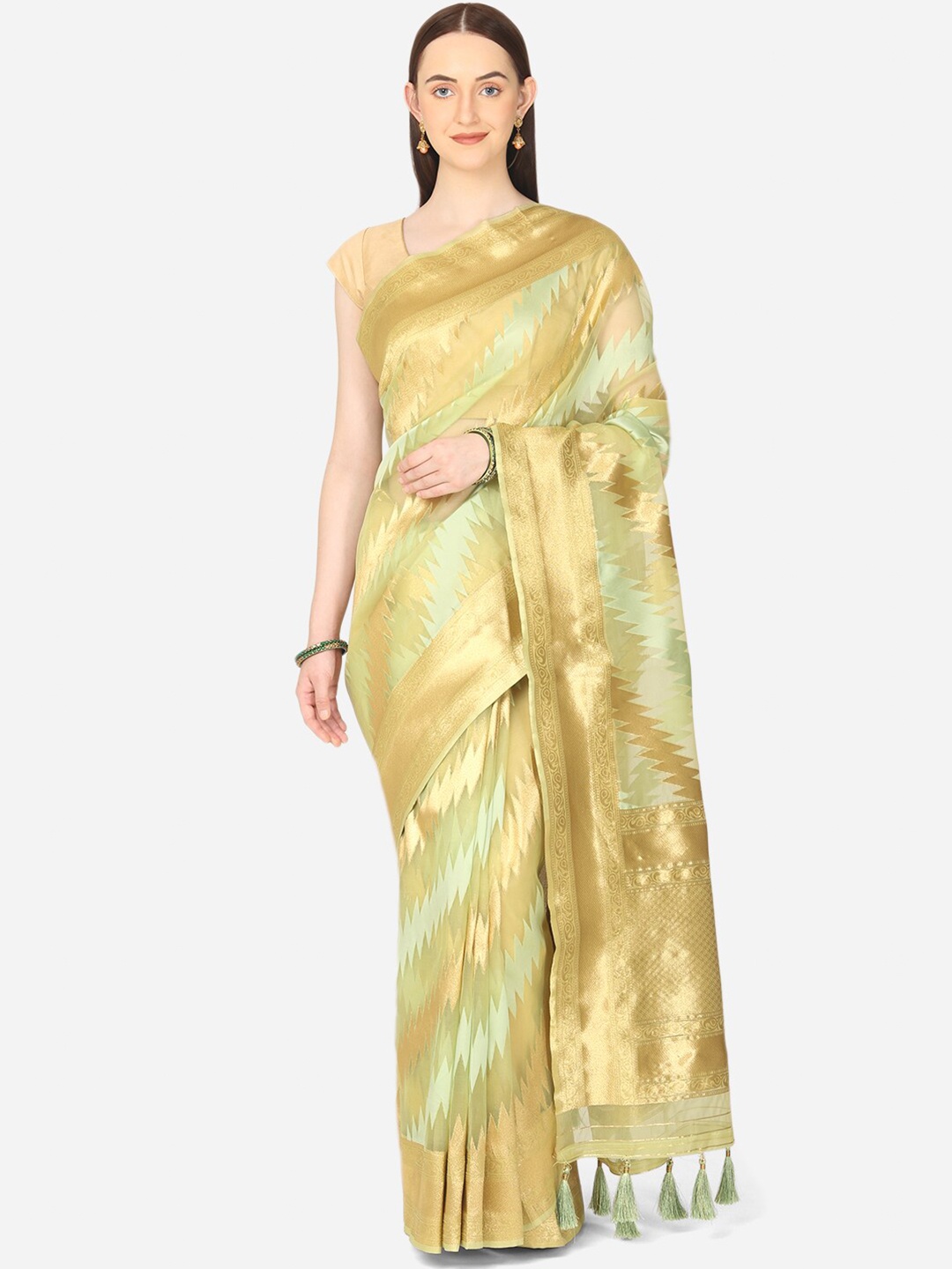 

BOMBAY SELECTIONS Green & Gold-Toned Woven Design Organza Banarasi Saree