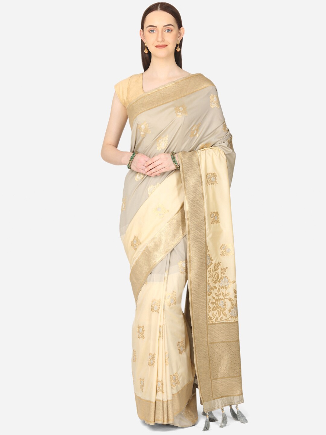 

BOMBAY SELECTIONS Grey & Gold-Toned Floral Art Silk Banarasi Saree