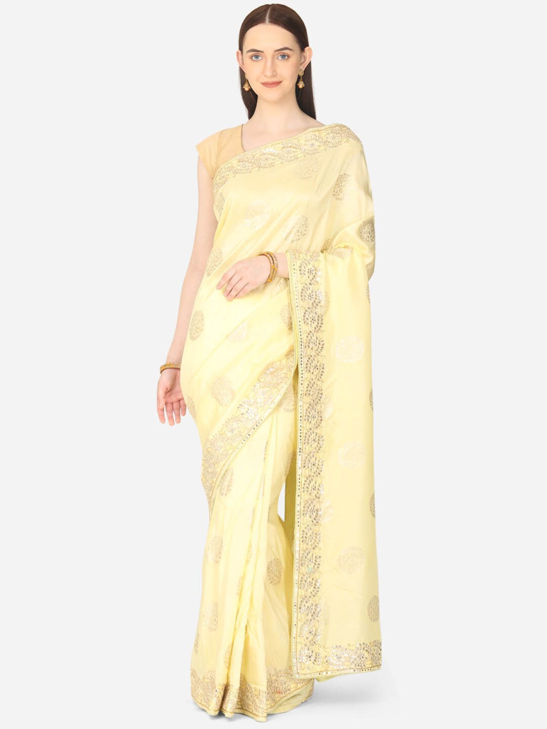 

BOMBAY SELECTIONS Lime Green & Silver-Toned Ethnic Motifs Art Silk Banarasi Saree