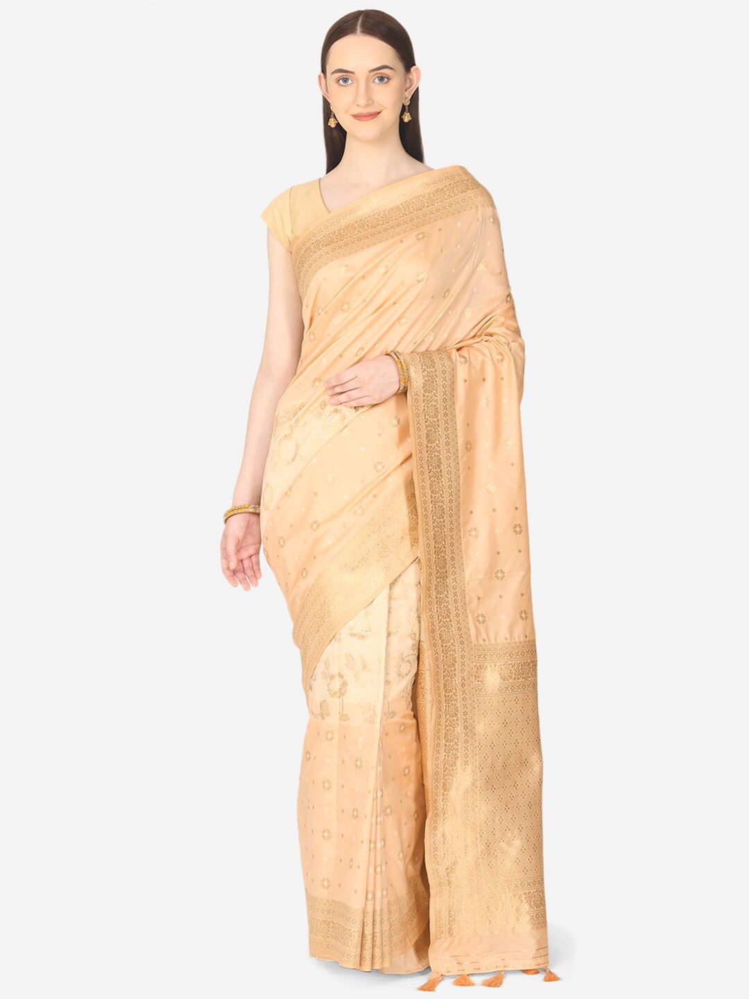 

BOMBAY SELECTIONS Peach-Coloured & Gold-Toned Floral Art Silk Banarasi Saree