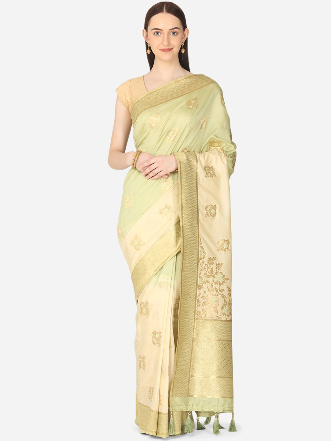 

BOMBAY SELECTIONS Green & Cream-Coloured Ethnic Motifs Zari Art Silk Banarasi Saree