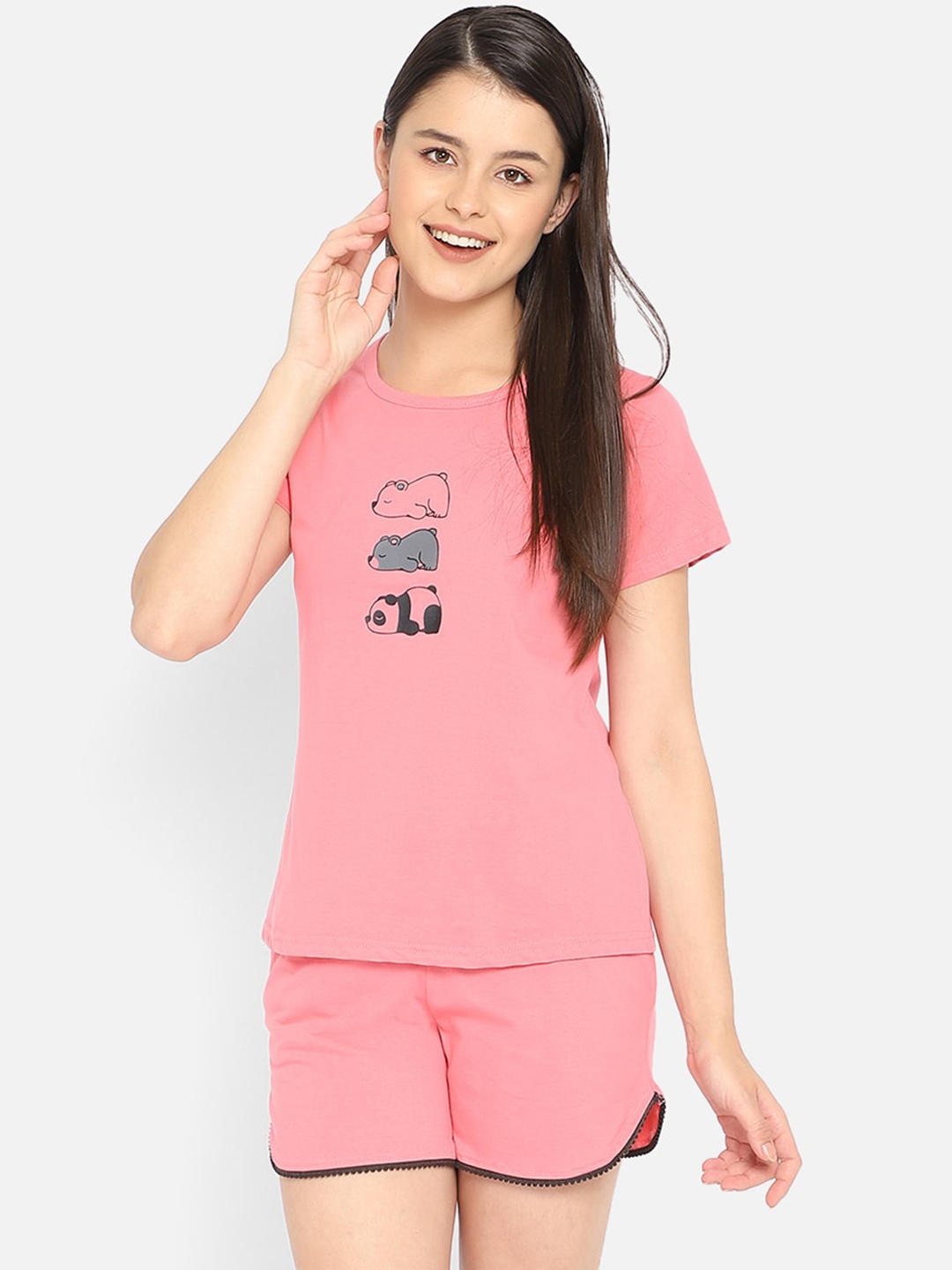 

Clovia Women Pink Printed Top & Shorts Night suit
