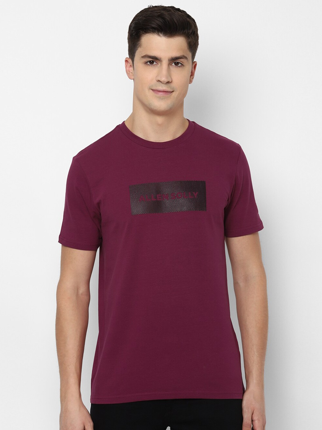 

Allen Solly Men Purple & Black Brand Logo Printed Pure Cotton T-shirt