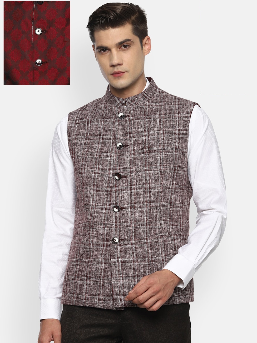 

Van Heusen Men Maroon & Grey Printed Reversible Waistcoat