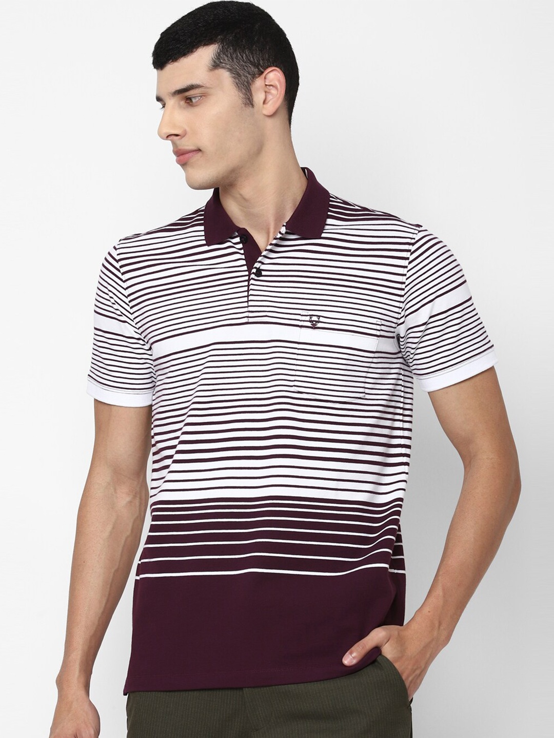 

Allen Solly Men Maroon & White Striped Polo Collar Pockets Pure Cotton T-shirt