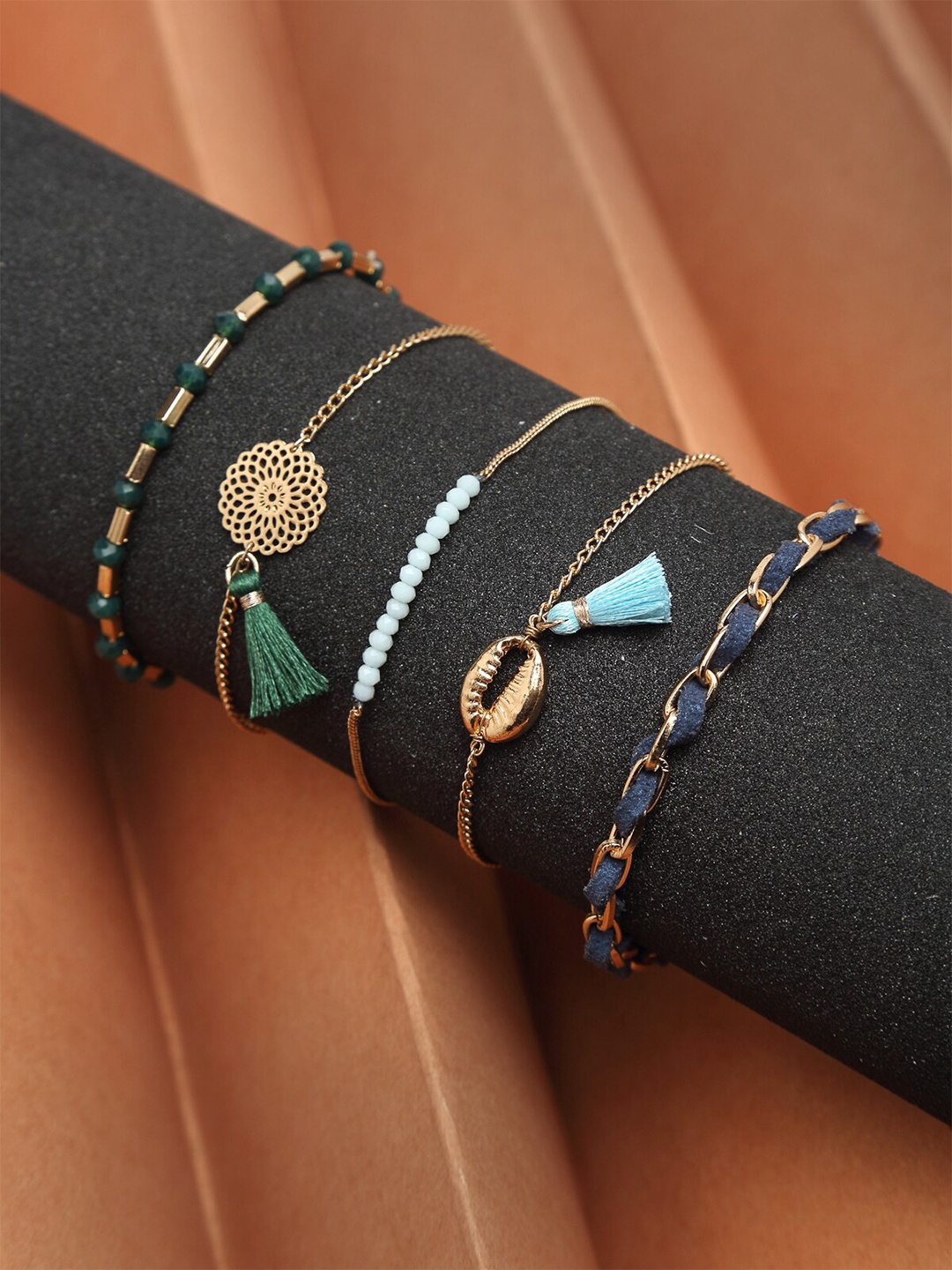 

Madame Women 5 Rose Gold & Blue Tasselled Rose Gold-Plated Charm Bracelet