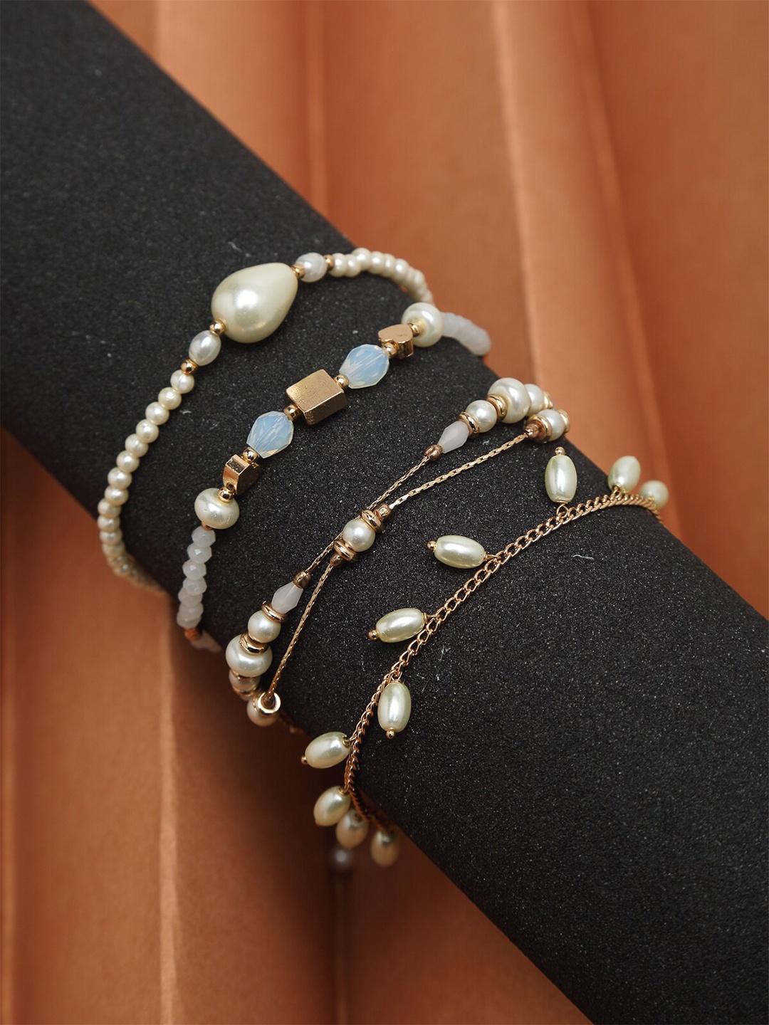 

Madame Women 4 Gold-Toned & White Pearls Rose Gold-Plated Charm Bracelet