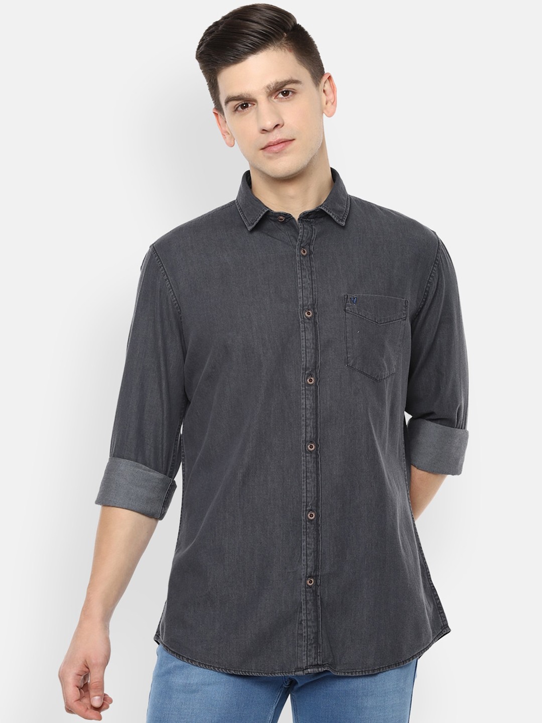 

VAN HEUSEN DENIM LABS Men Grey Solid Slim Fit Casual Shirt