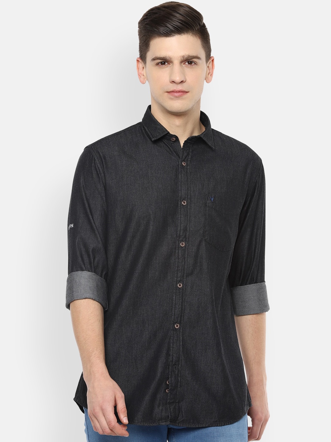 

VAN HEUSEN DENIM LABS Men Black Slim Fit Opaque Casual Shirt