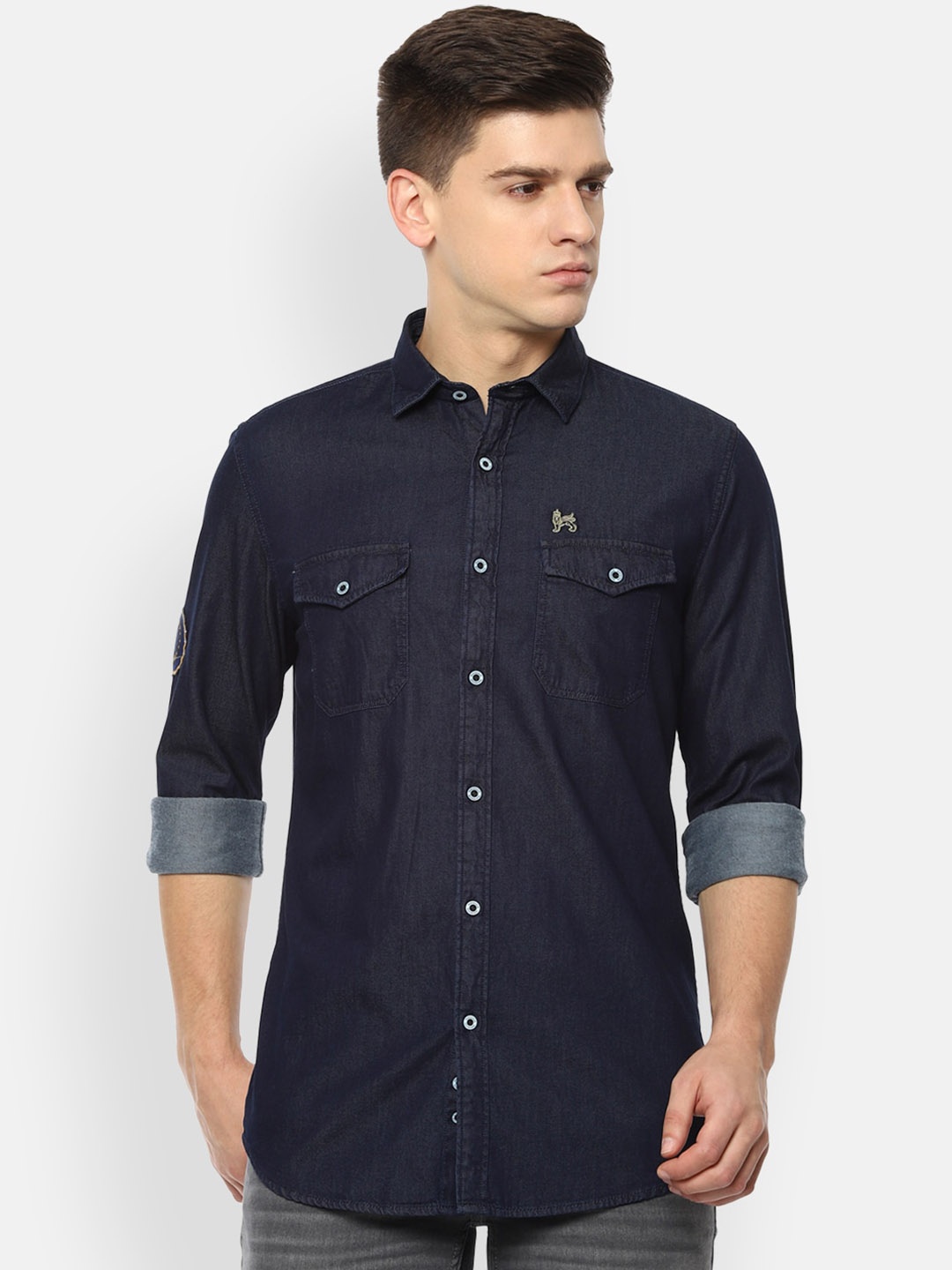 

VAN HEUSEN DENIM LABS Men Navy Blue Slim Fit Opaque Pure Cotton Casual Shirt