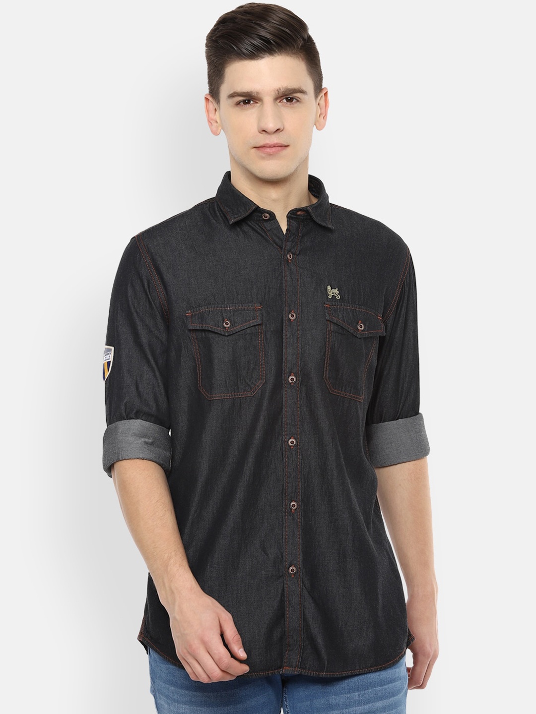 

VAN HEUSEN DENIM LABS Men Black Slim Fit Opaque Casual Shirt