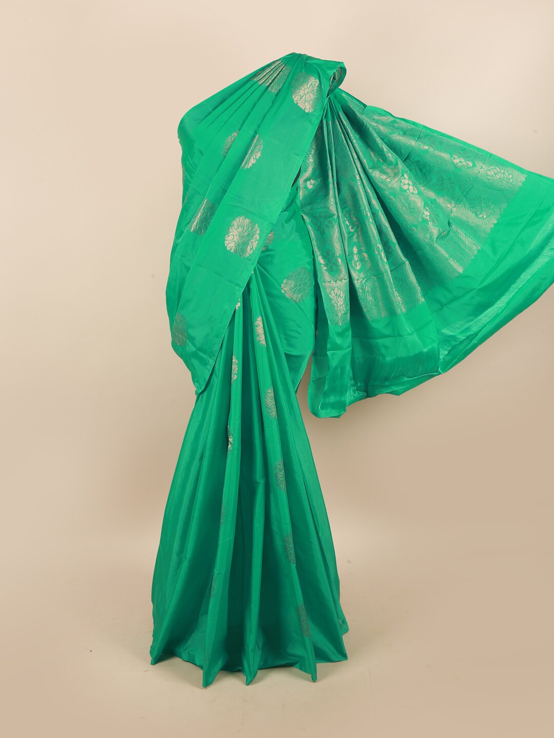 

Pothys Green & Gold-Toned Ethnic Motifs Silk Cotton Saree