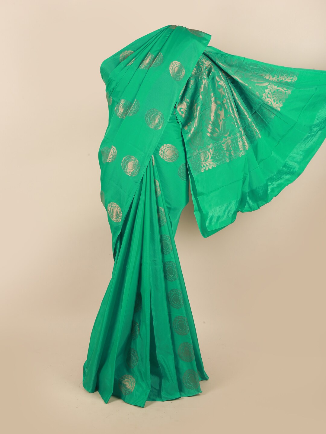 

Pothys Green & Gold-Toned Ethnic Motifs Silk Cotton Saree