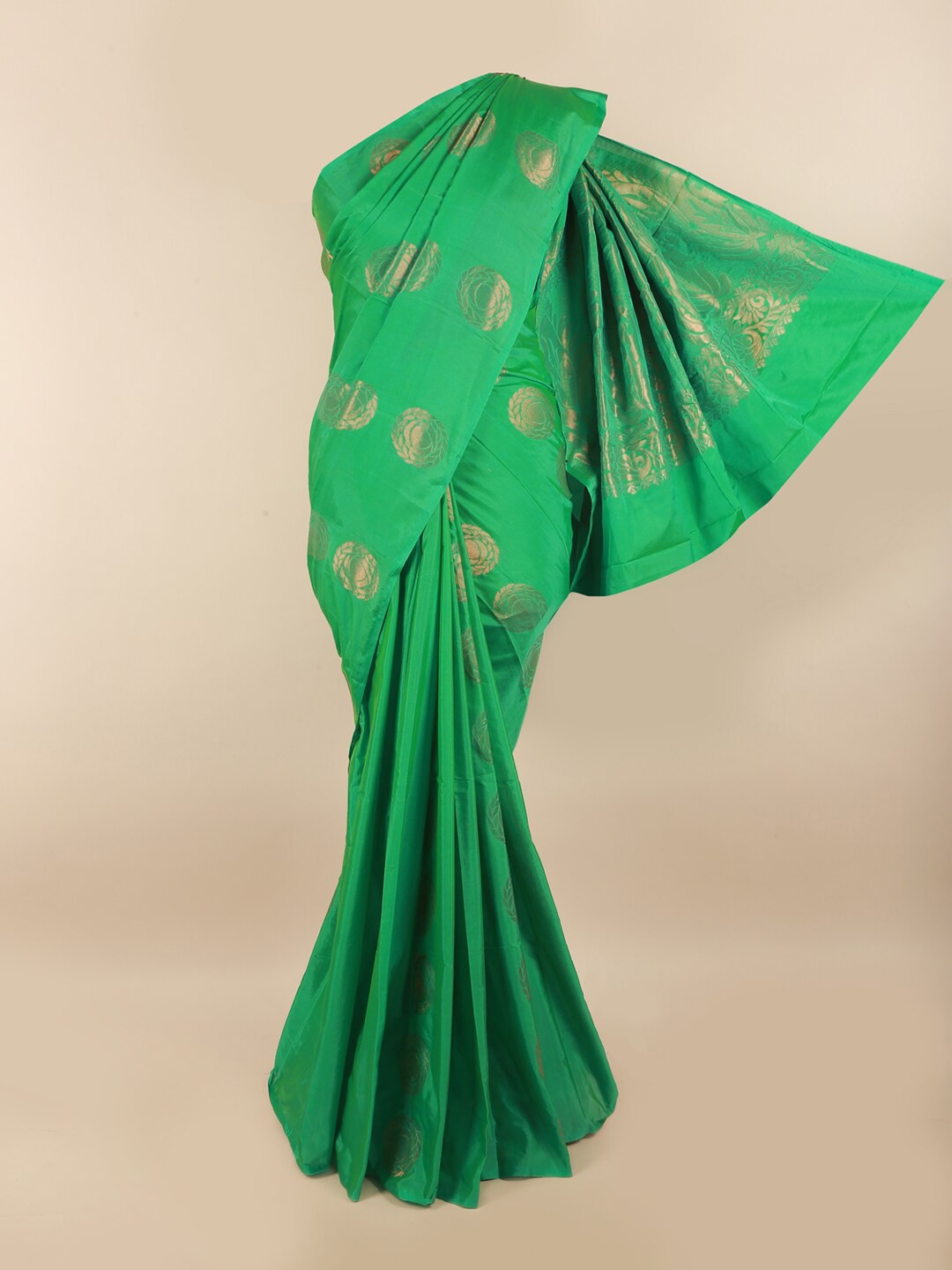 

Pothys Green & Gold-Toned Ethnic Motifs Silk Cotton Saree