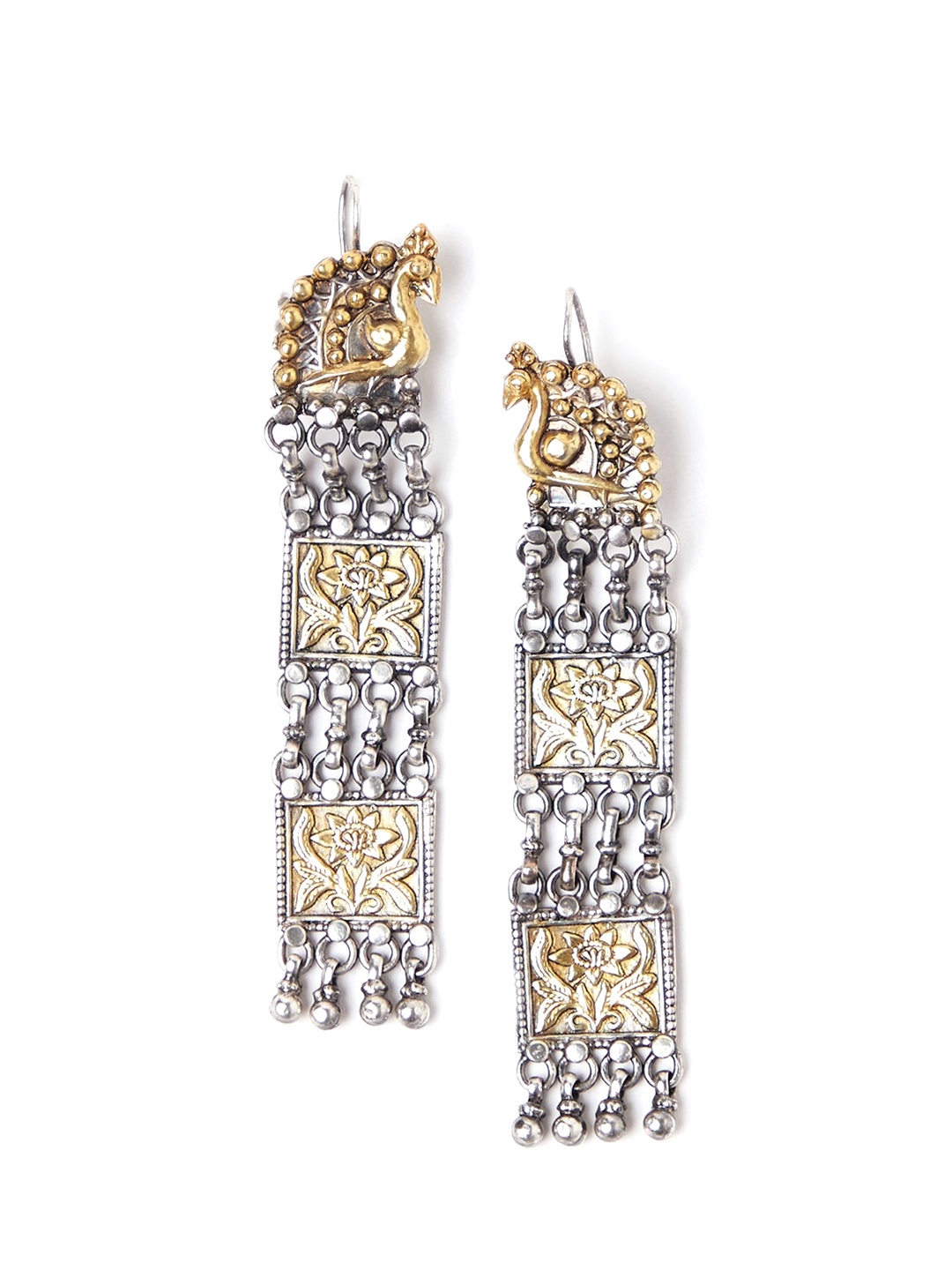 

Fabindia Gold-Toned & Silver-Toned Peacock Shaped Drop Earrings