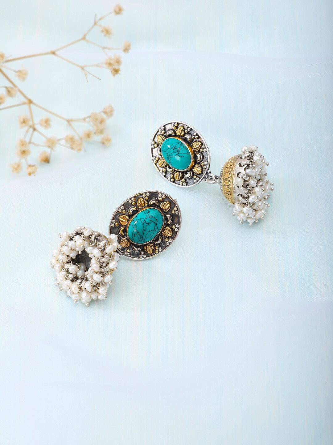 

Fabindia Gold-Toned & Turquoise Blue Contemporary Drop Earrings