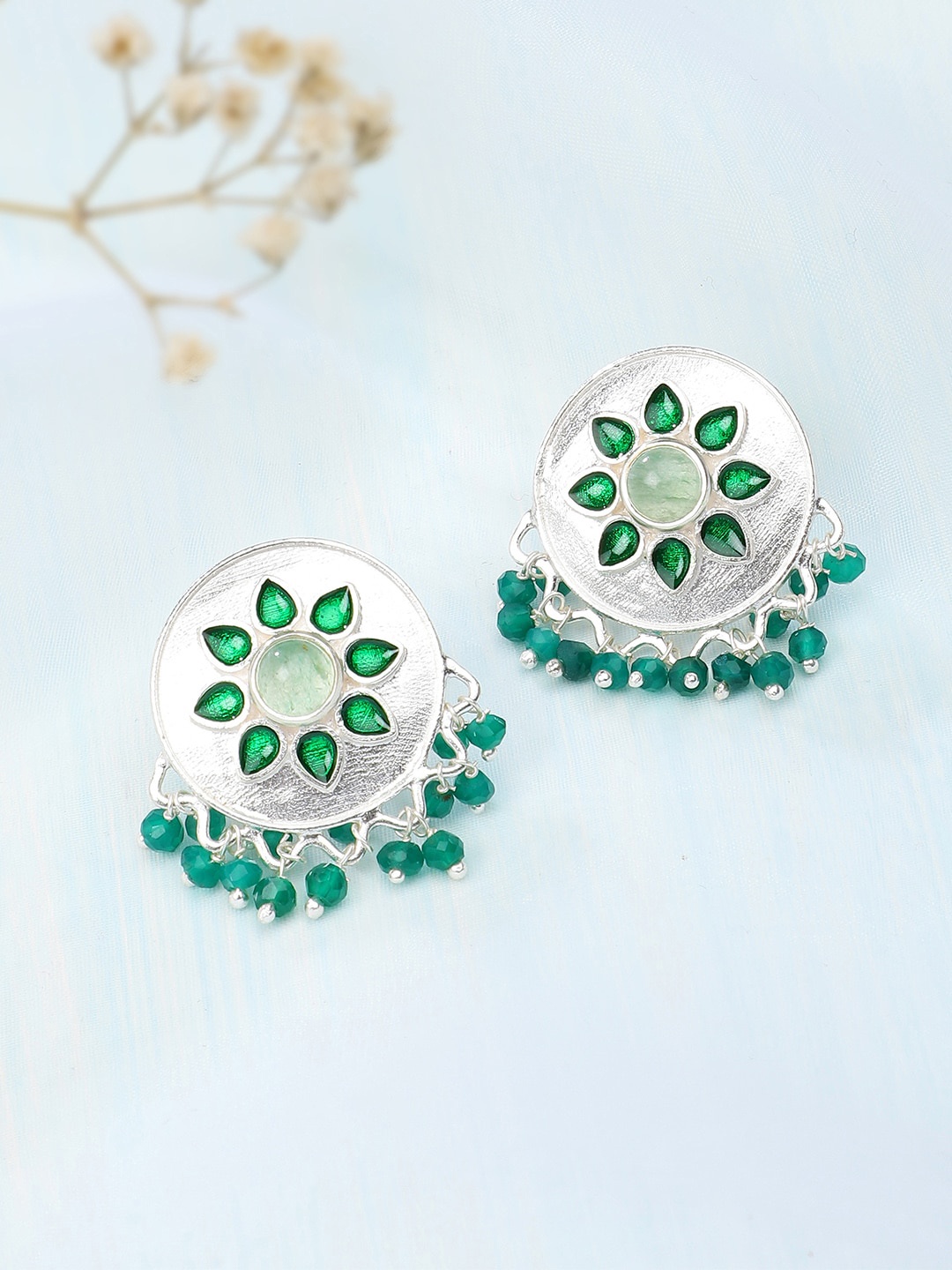 

Fabindia Silver-Toned & Green Contemporary Studs Earrings