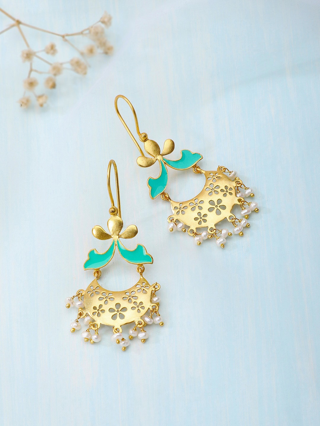 

Fabindia Gold-Toned & Blue Contemporary Jhumkas Earrings