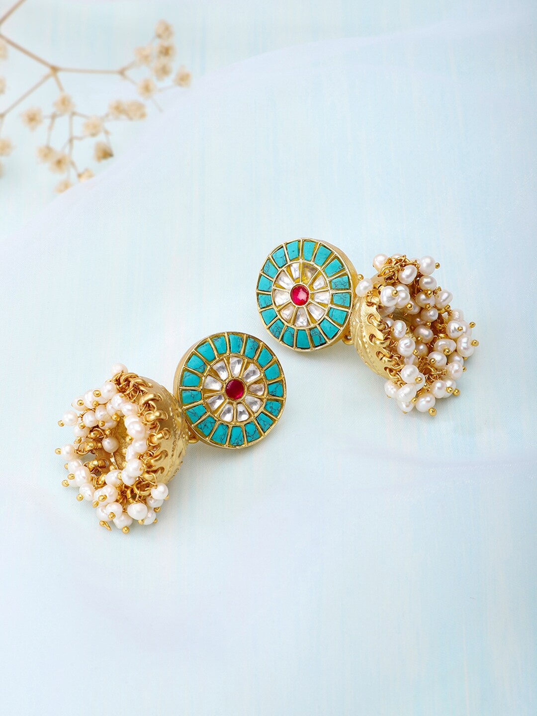 

Fabindia Gold-Toned & Turquoise Blue Contemporary Jhumkas Earrings