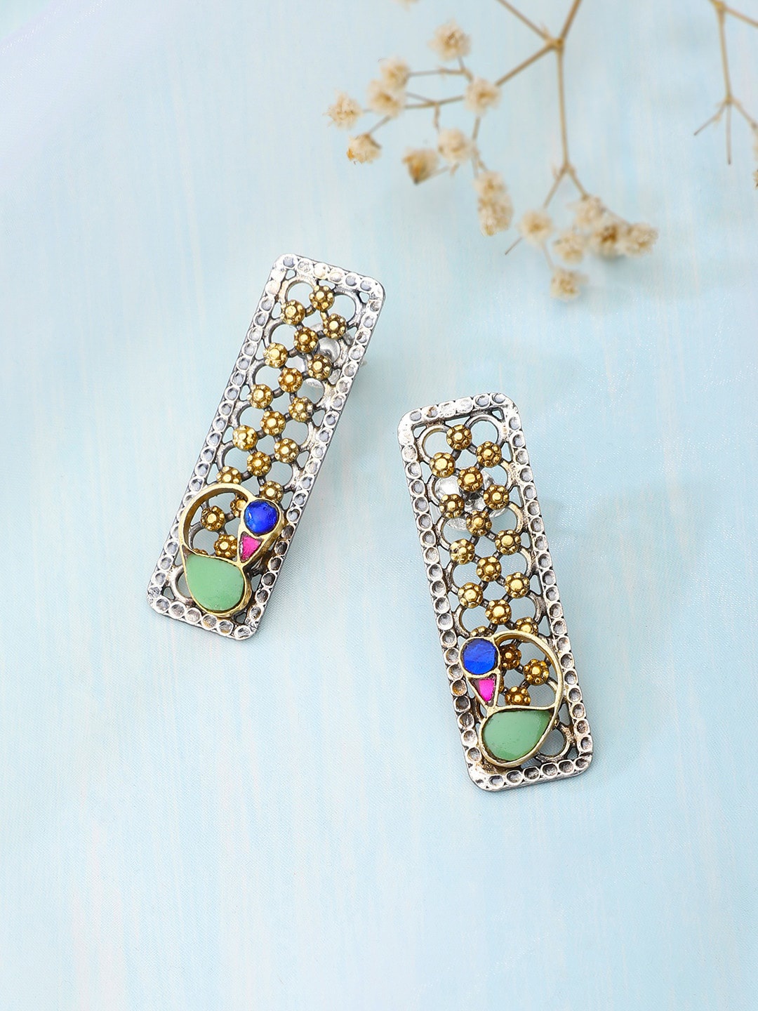 

Fabindia Gold-Toned & Green Contemporary Drop Earrings