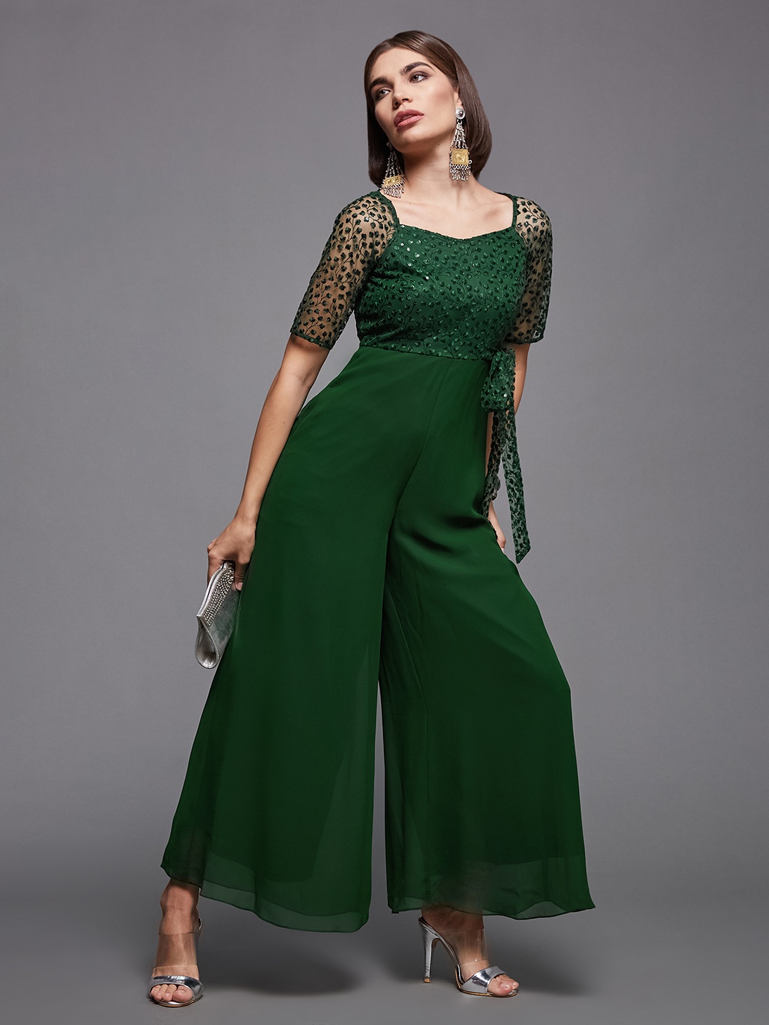 

Miss Chase Women Gorgeous Green Solid Bling and Sparkly Jumpsuit