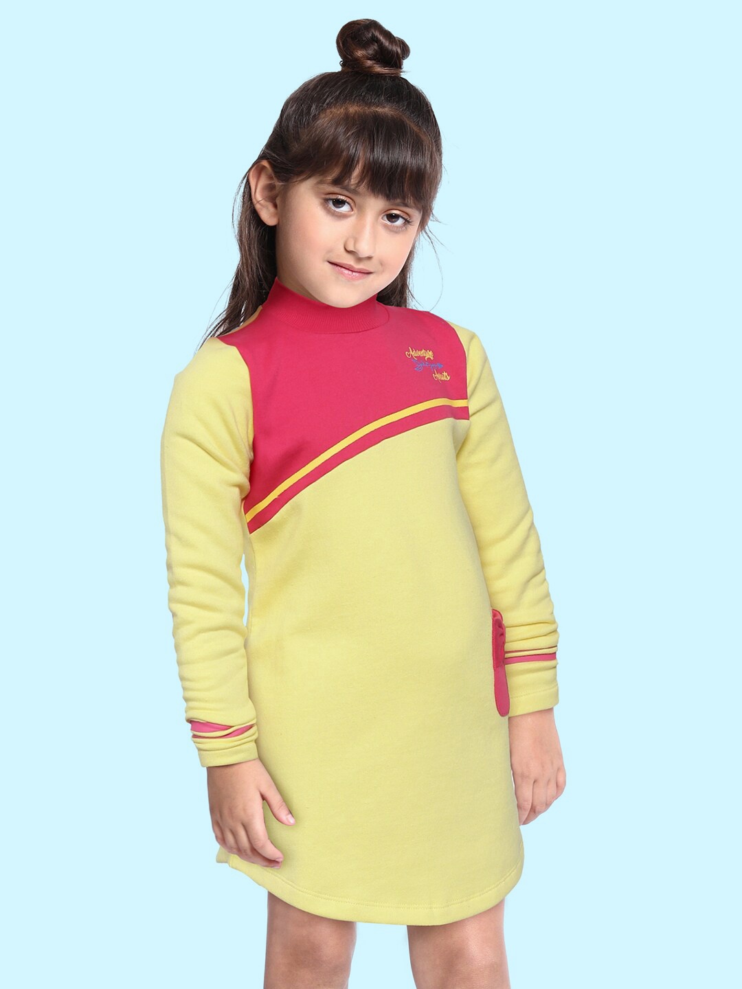 

toothless Girls Yellow & Pink Colourblocked Winter A-Line Dress