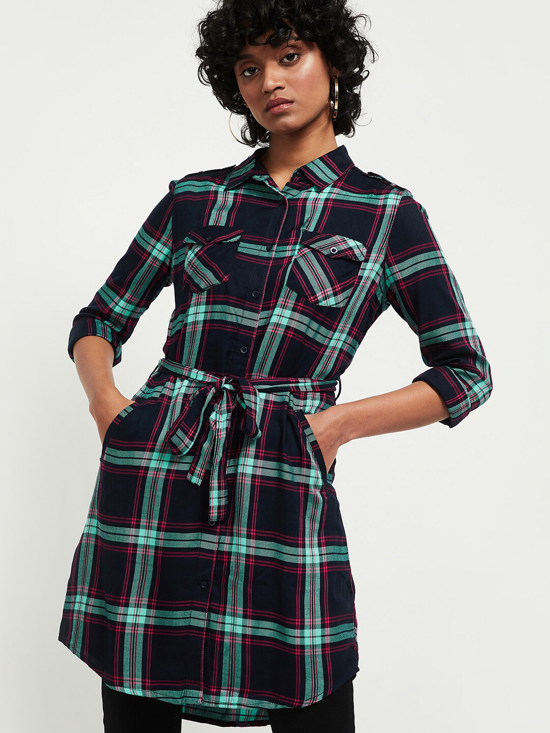 

max Blue & Pink Viscose Rayon Shirt Collar Checked Tunic