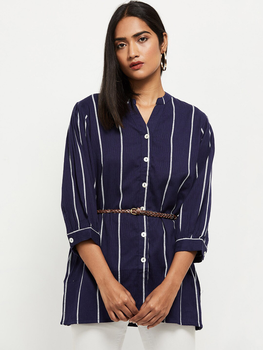 

max Blue & White Mandarin Collar Striped Tunic