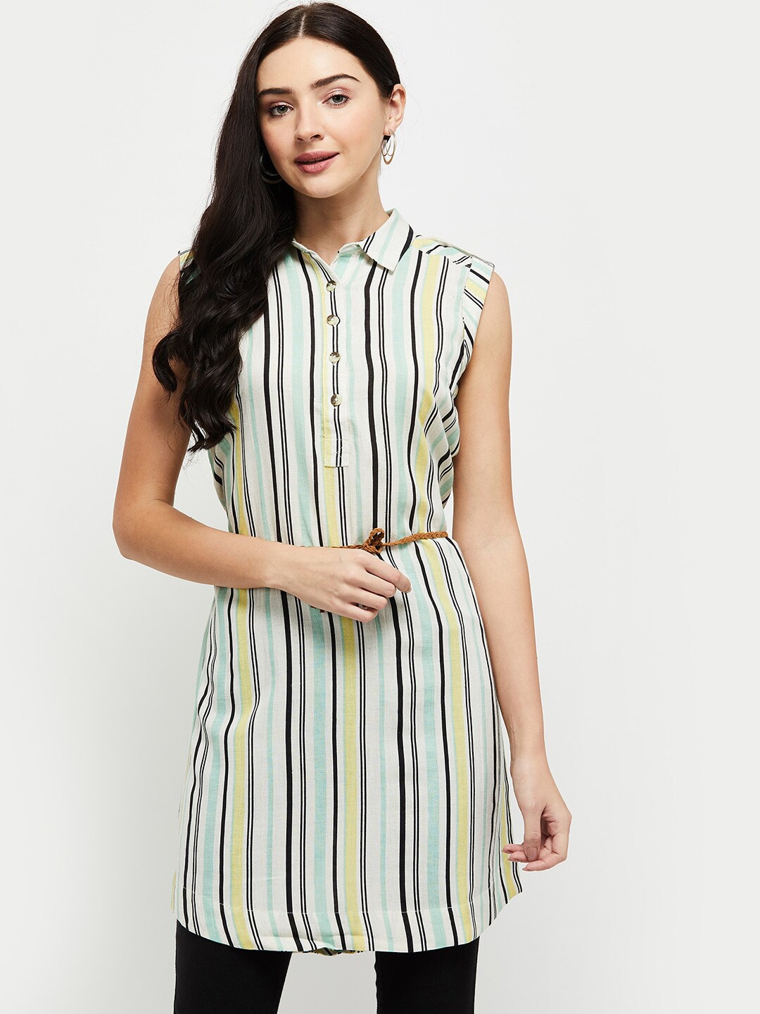 

max Cream-Coloured & Green Shirt Collar Striped Tunic
