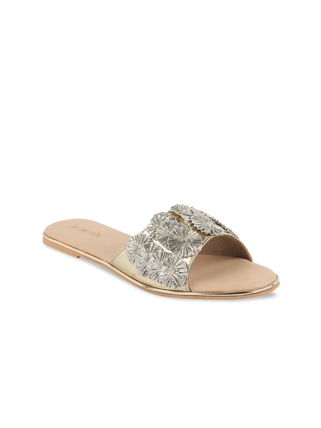 

LA SAVIE Women Gold-Toned Embellished Leather Ethnic Open Toe Flats