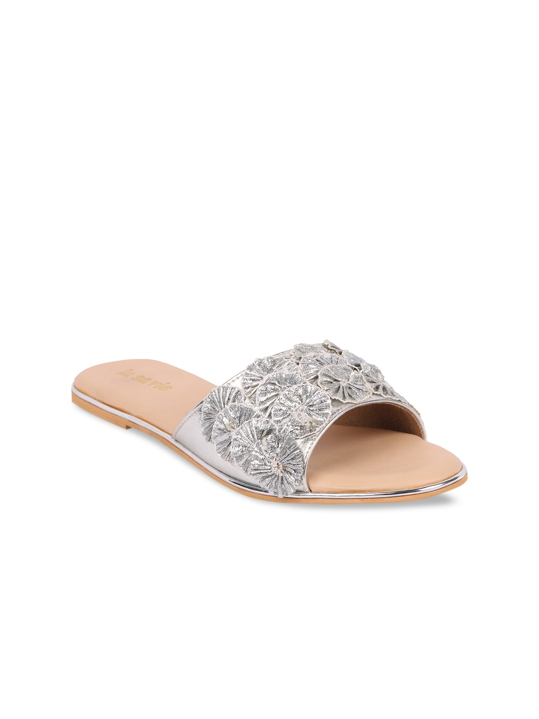 

LA SAVIE Women Silver-Toned Embellished Leather Ethnic Open Toe Flats