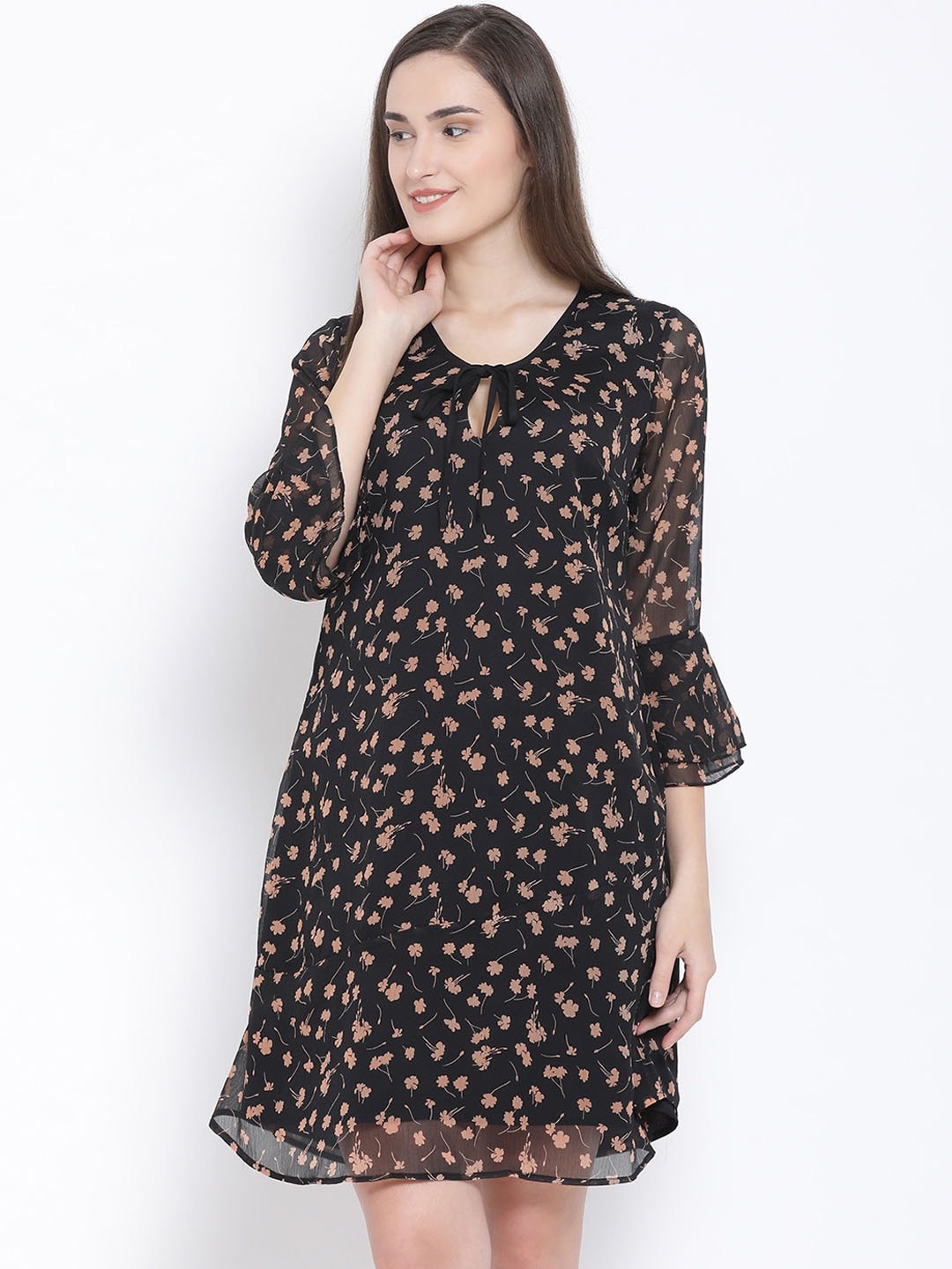 

SQew Black & Pink Floral Tie-Up Neck A-Line Dress