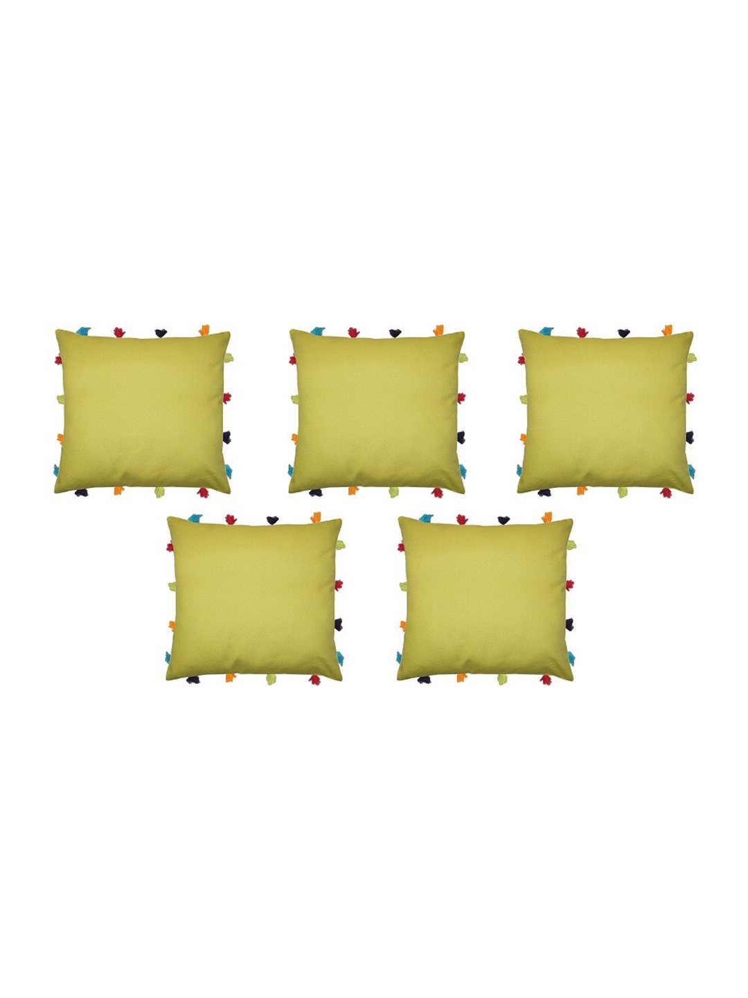 

Lushomes Set of 5 Yellow Square Cotton Cushion Covers with Colorful Tassels