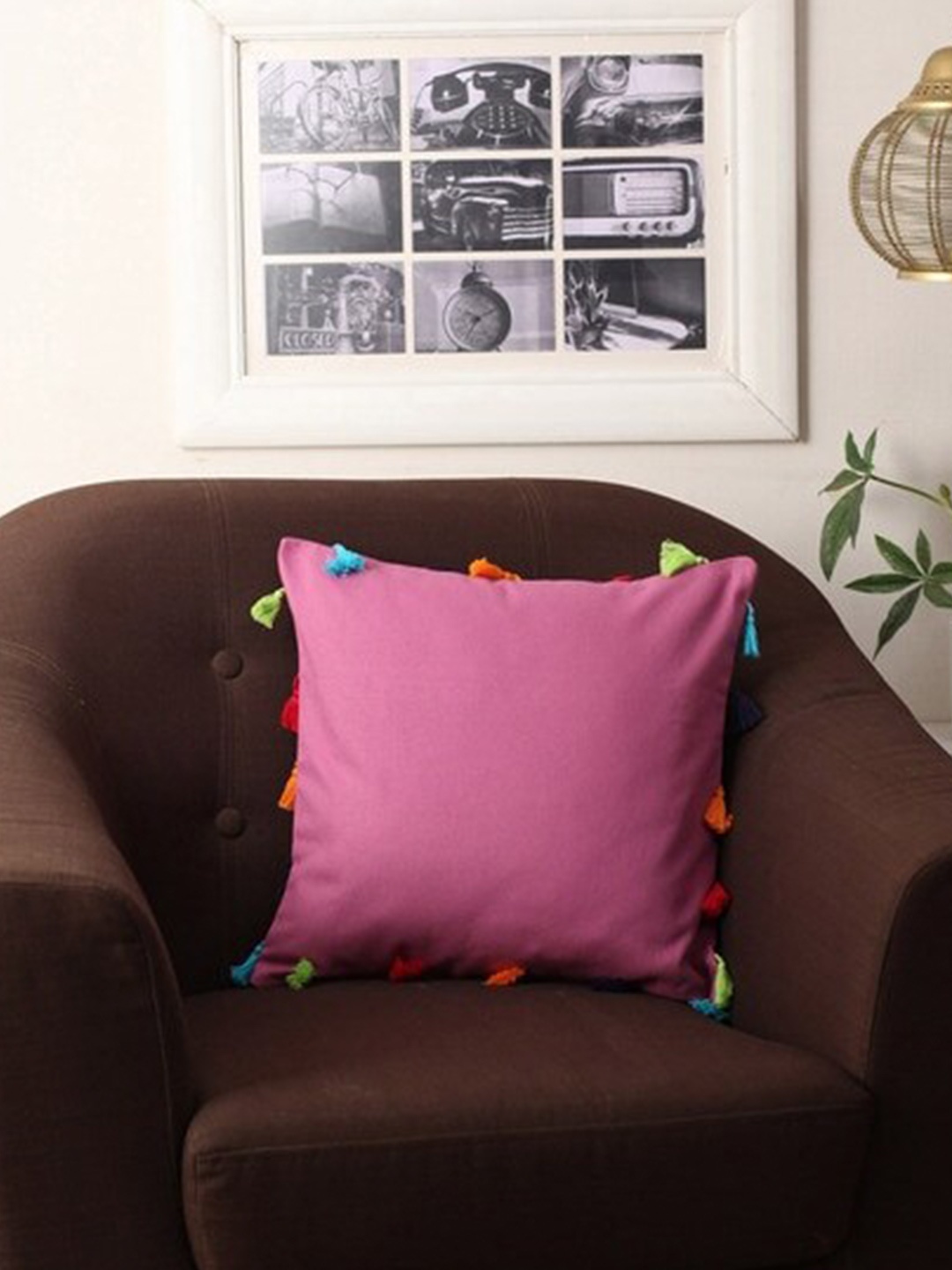 

Lushomes Pink Set of 5 Square Cushion Covers With Colorful Tassels