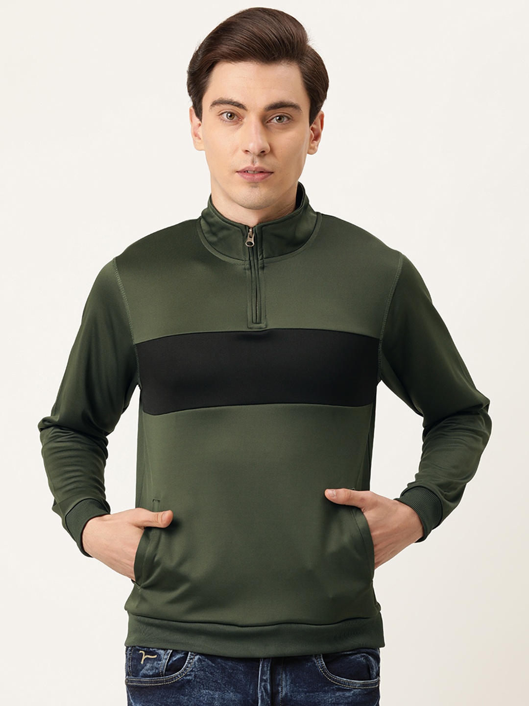 

Flying Machine Men Olive Green & Black Colourblocked Sweatshirt