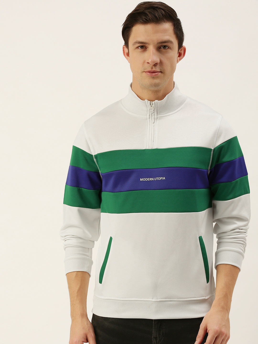 

Flying Machine Men White Colourblocked Hooded Sweatshirt