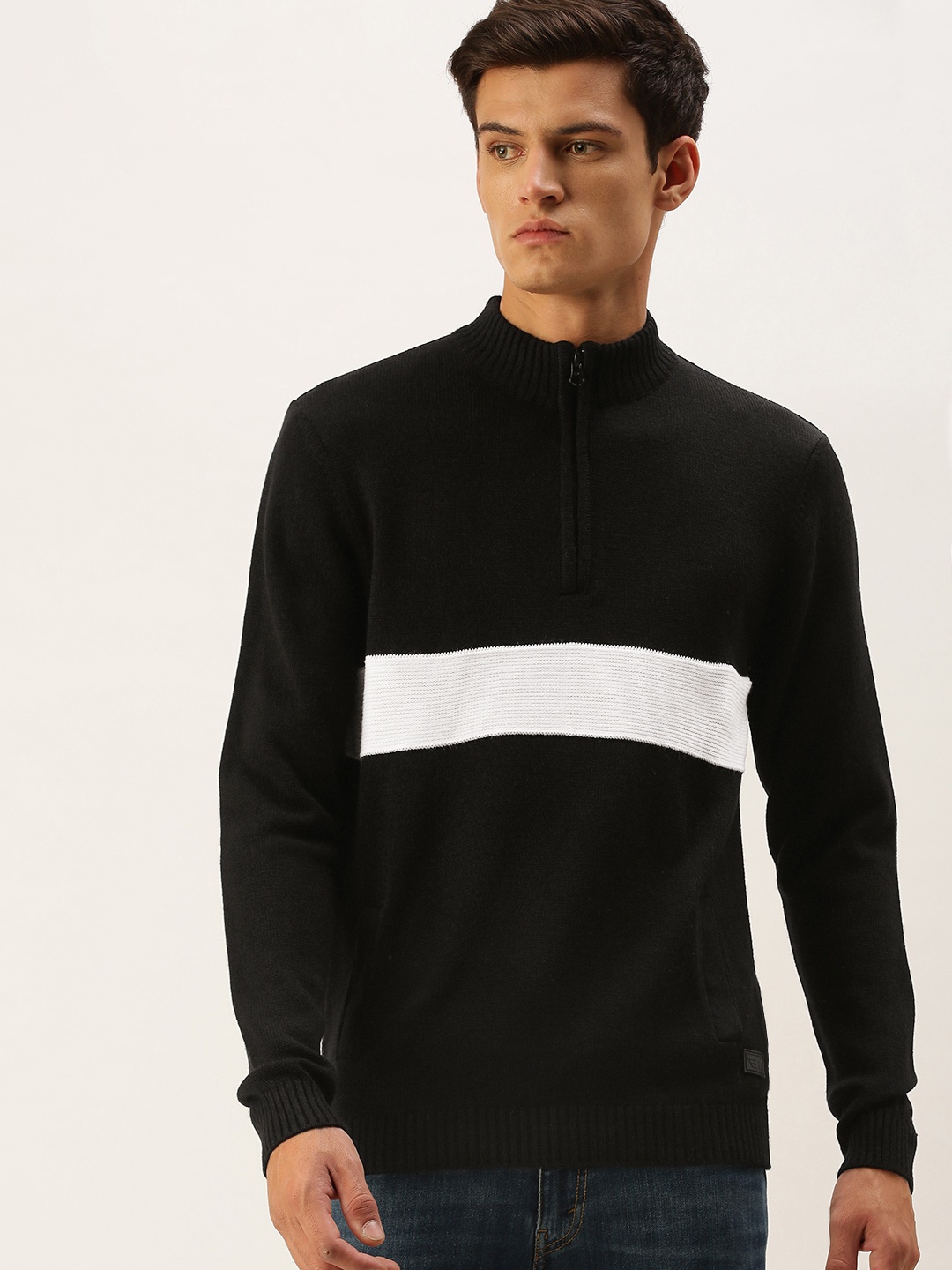 

Flying Machine Men Black & White Colourblocked Pullover Sweater