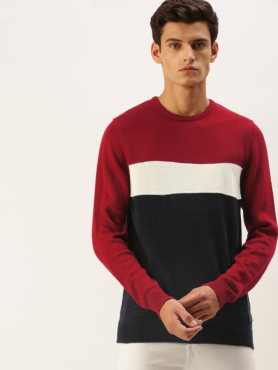 

Flying Machine Men Red & Navy Blue Colourblocked Pullover Sweater