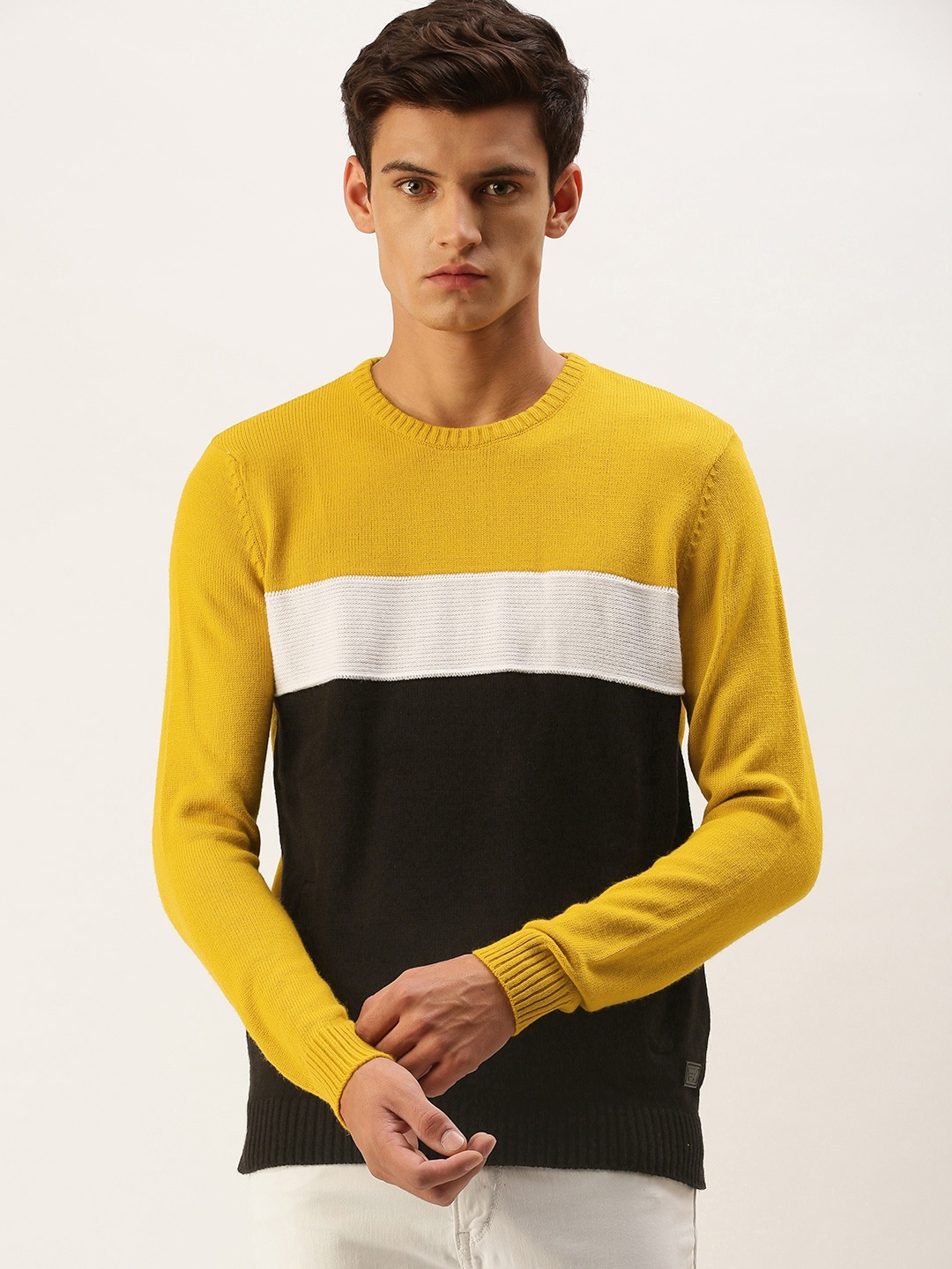 

Flying Machine Men Mustard Yellow & Black Colourblocked Pullover Sweater